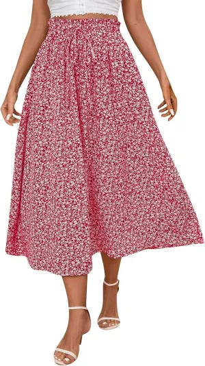 Midi Linen Skirts for Women Summer Drawstring Elastic High Waisted A-Line Smocked Beach Knee Length Skirt with Pockets