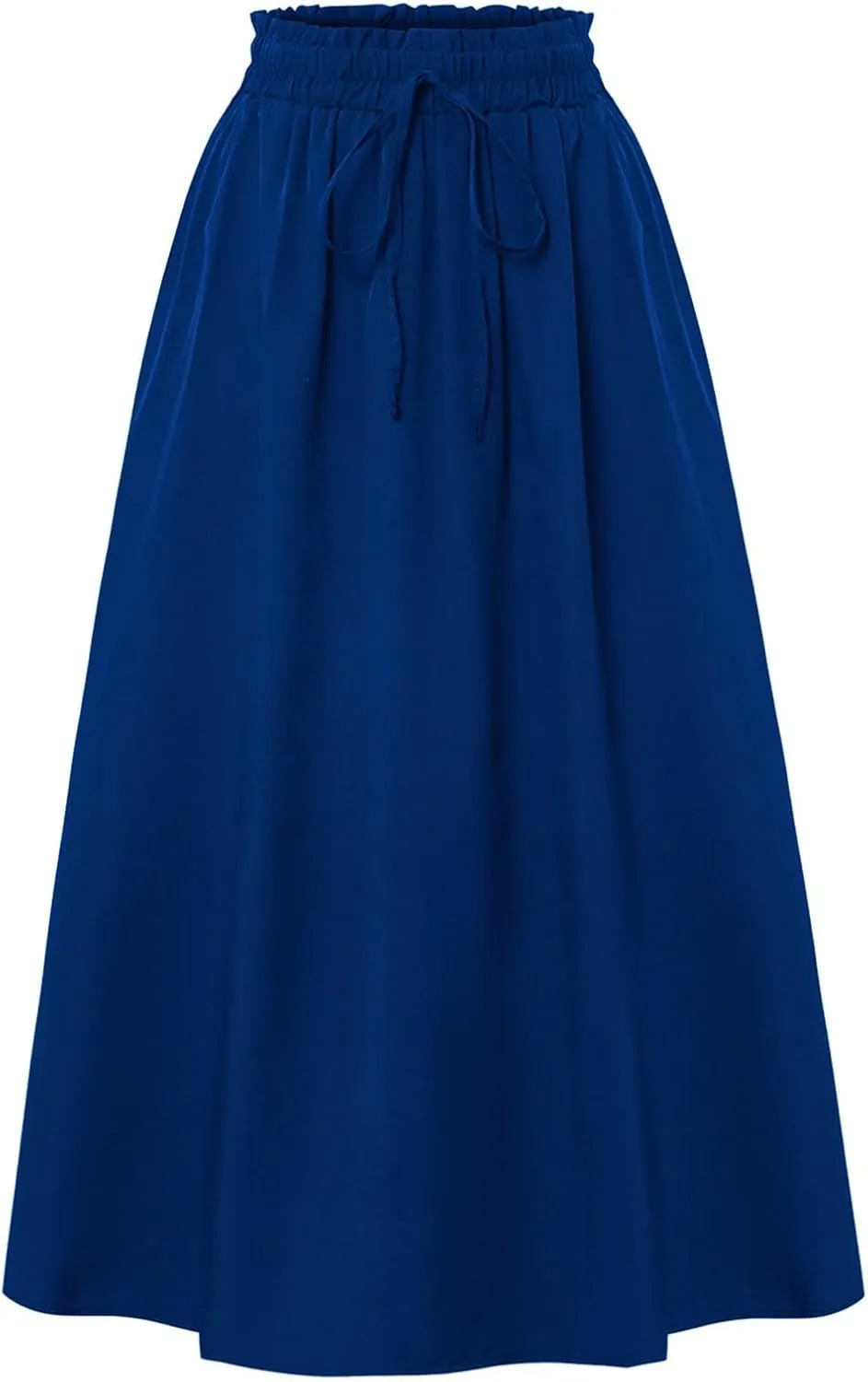 Midi Linen Skirts for Women Summer Drawstring Elastic High Waisted A-Line Smocked Beach Knee Length Skirt with Pockets