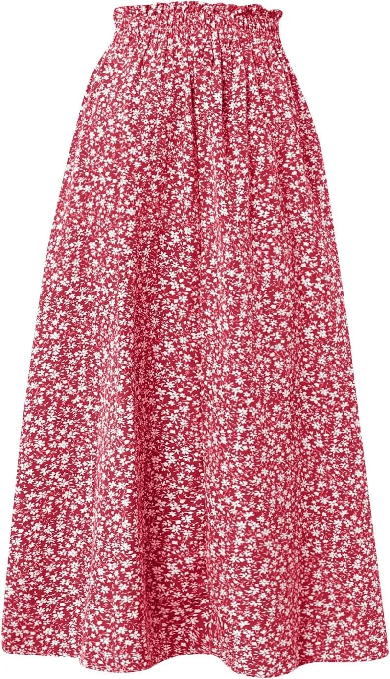 Midi Linen Skirts for Women Summer Drawstring Elastic High Waisted A-Line Smocked Beach Knee Length Skirt with Pockets