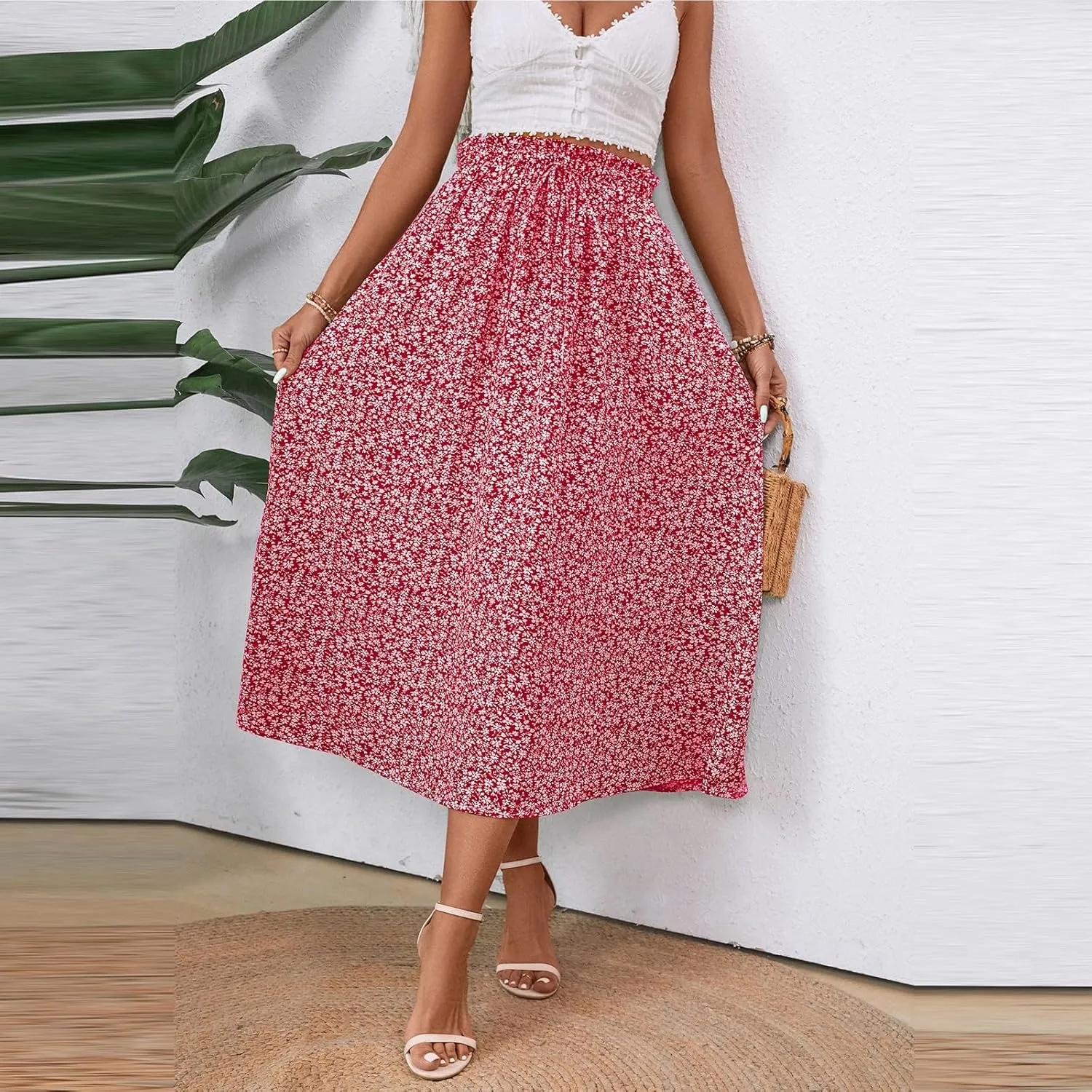 Midi Linen Skirts for Women Summer Drawstring Elastic High Waisted A-Line Smocked Beach Knee Length Skirt with Pockets