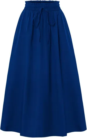 Midi Linen Skirts for Women Summer Drawstring Elastic High Waisted A-Line Smocked Beach Knee Length Skirt with Pockets