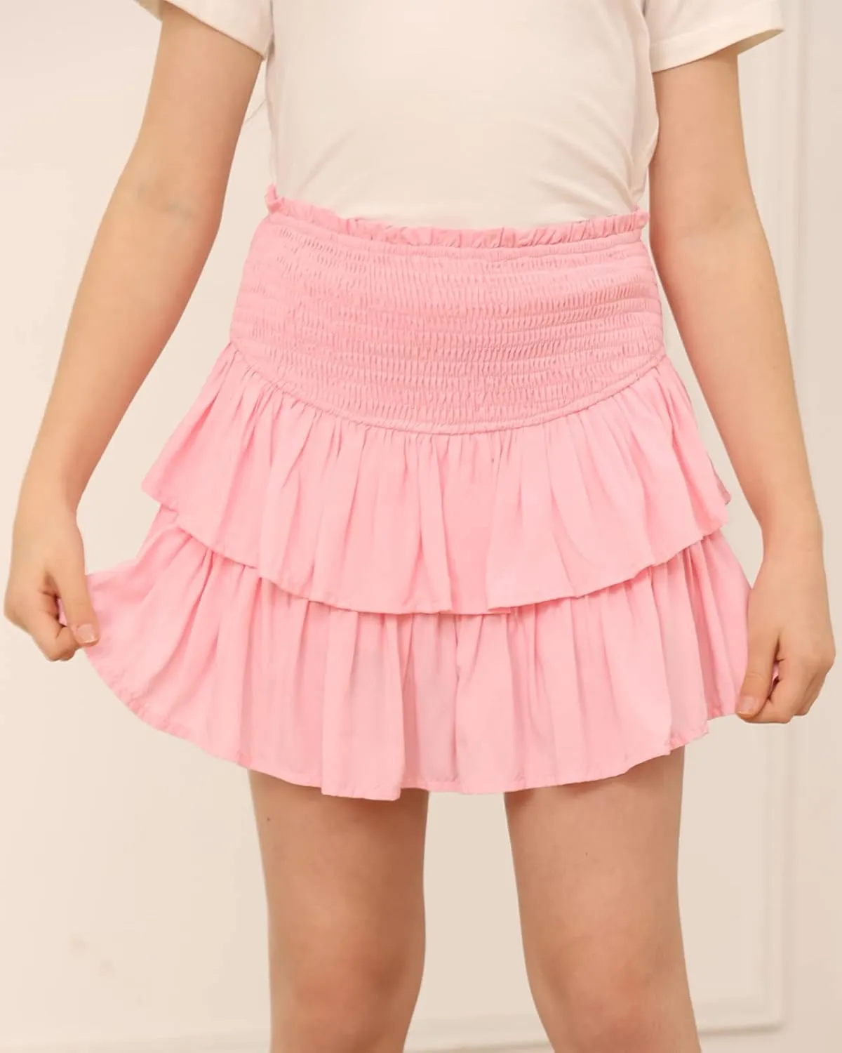 Newffr Girls Smocked Ruffle Mini Skirts Cute High Elastic Waisted Tiered Short Skirt with Shorts Underneath