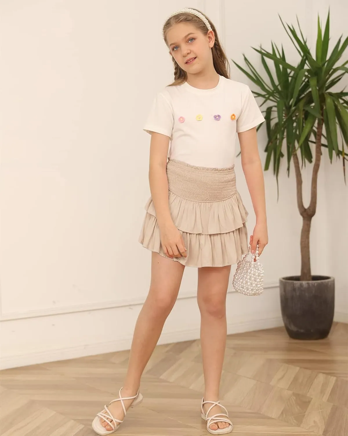 Newffr Girls Smocked Ruffle Mini Skirts Cute High Elastic Waisted Tiered Short Skirt with Shorts Underneath