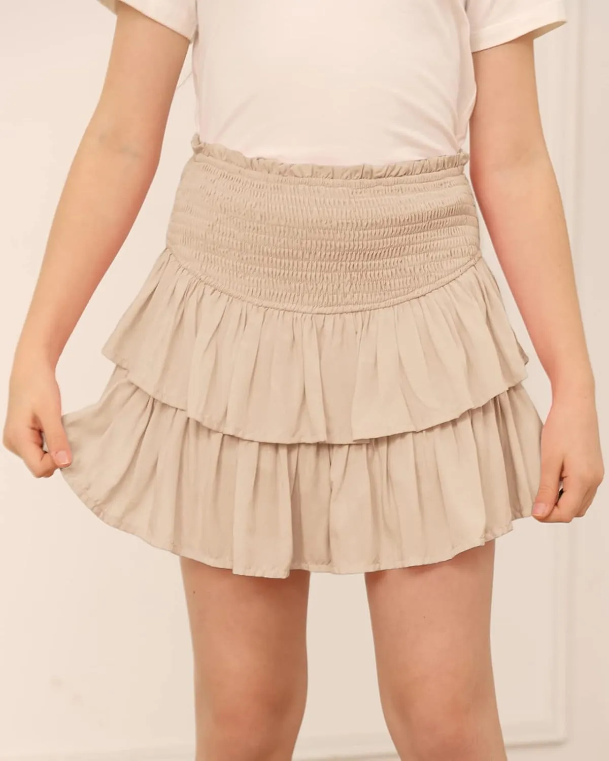 Newffr Girls Smocked Ruffle Mini Skirts Cute High Elastic Waisted Tiered Short Skirt with Shorts Underneath