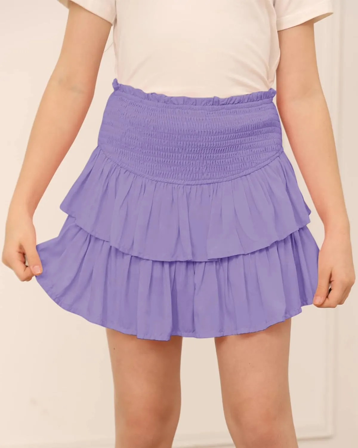 Newffr Girls Smocked Ruffle Mini Skirts Cute High Elastic Waisted Tiered Short Skirt with Shorts Underneath