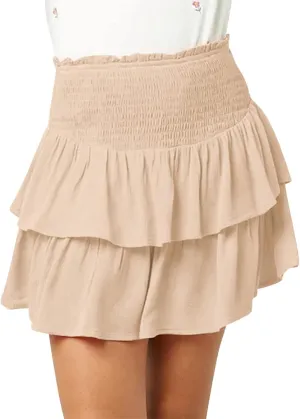 Newffr Girls Smocked Ruffle Mini Skirts Cute High Elastic Waisted Tiered Short Skirt with Shorts Underneath
