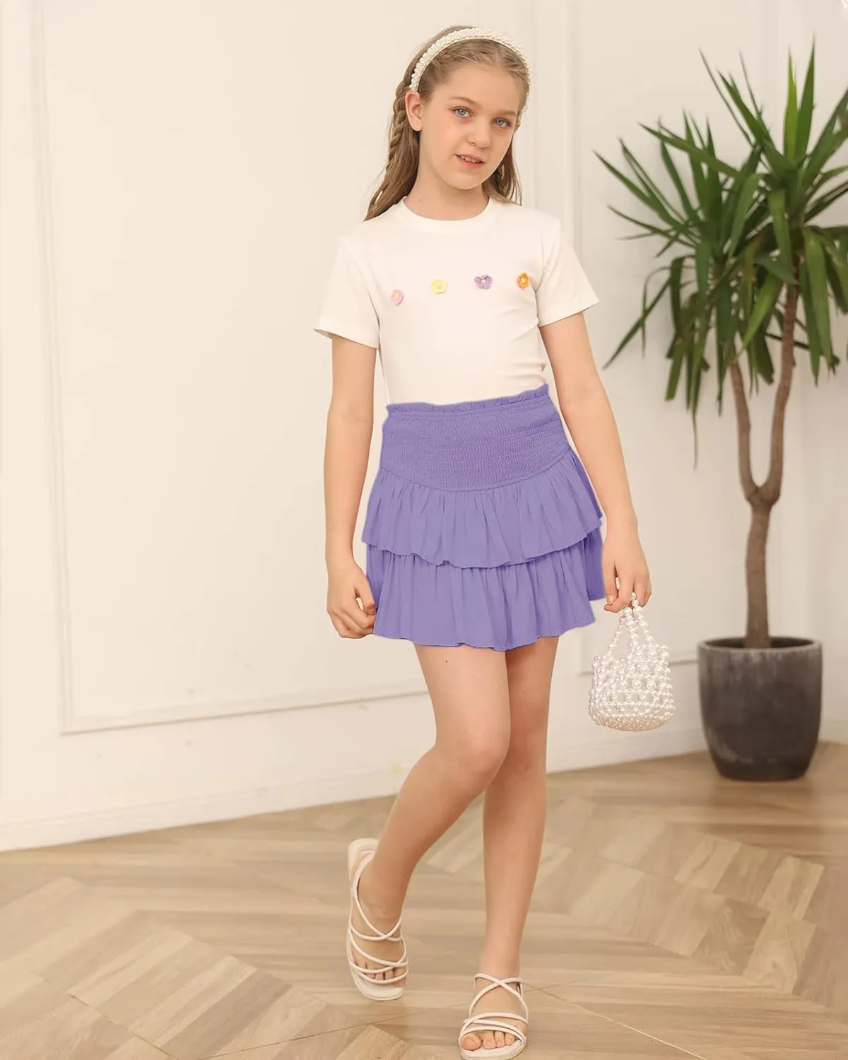 Newffr Girls Smocked Ruffle Mini Skirts Cute High Elastic Waisted Tiered Short Skirt with Shorts Underneath