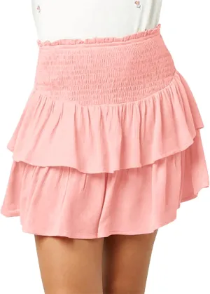Newffr Girls Smocked Ruffle Mini Skirts Cute High Elastic Waisted Tiered Short Skirt with Shorts Underneath