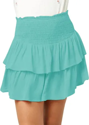 Newffr Girls Smocked Ruffle Mini Skirts Cute High Elastic Waisted Tiered Short Skirt with Shorts Underneath