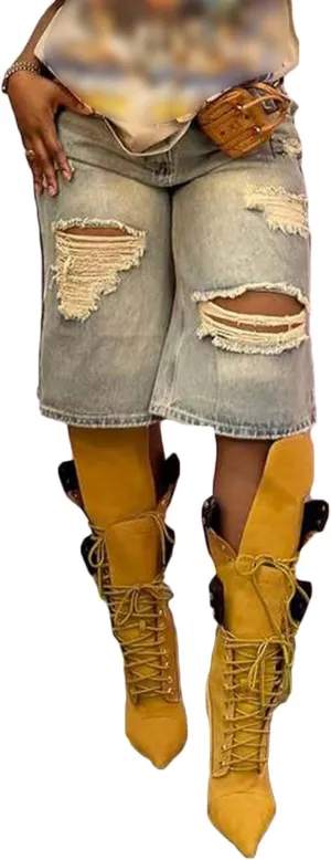 NRTHYE Women Knee Length High Waisted Ripped Jean Shorts Distressed Casual Bermuda Denim Shorts with Pockets