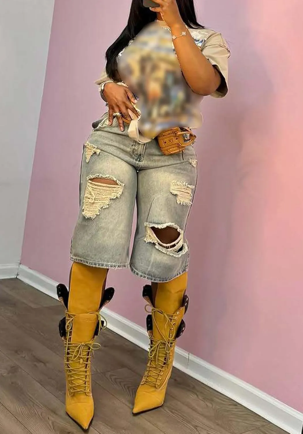 NRTHYE Women Knee Length High Waisted Ripped Jean Shorts Distressed Casual Bermuda Denim Shorts with Pockets