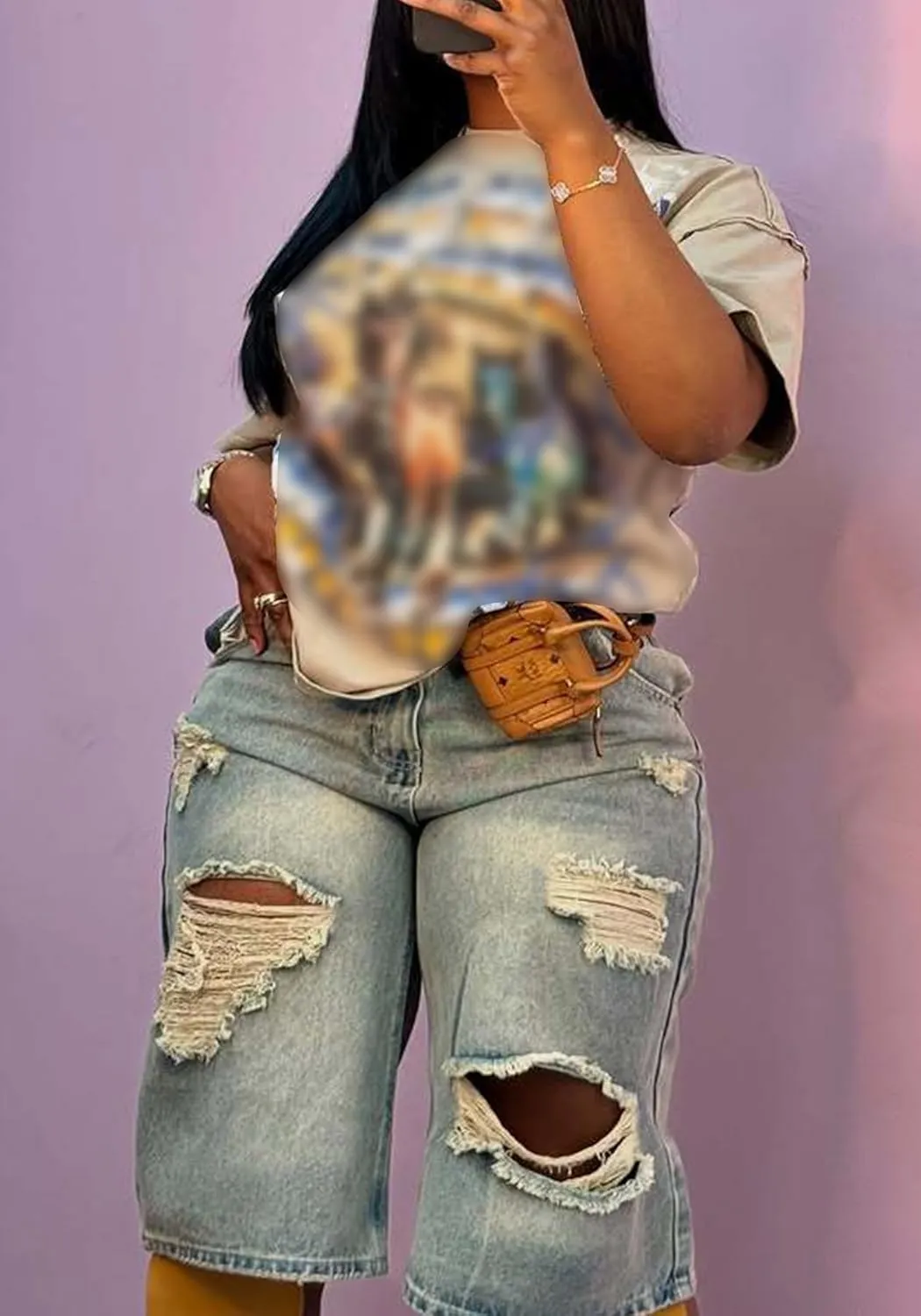 NRTHYE Women Knee Length High Waisted Ripped Jean Shorts Distressed Casual Bermuda Denim Shorts with Pockets