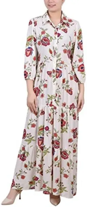 NY Women's Petite 3/4 Sleeve Crinkle Tiered Maxi Dress