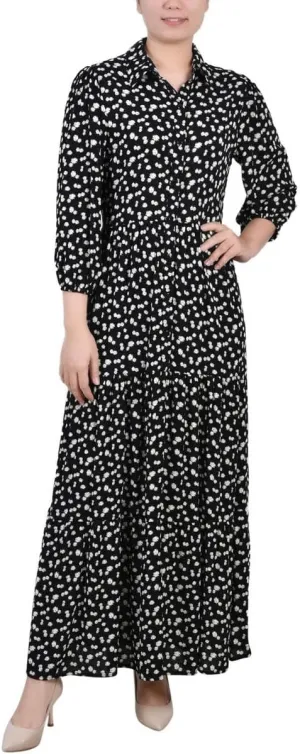 NY Women's Petite 3/4 Sleeve Crinkle Tiered Maxi Dress