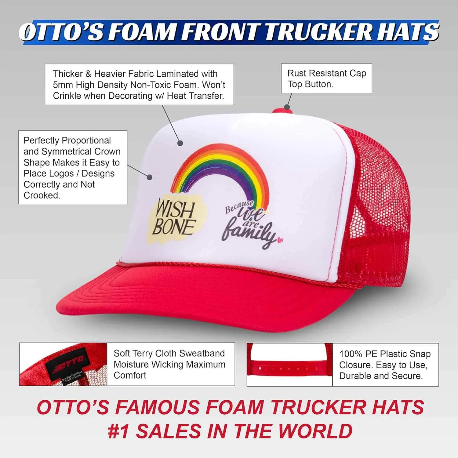 OTTO Wholesale 12 x Polyester Foam Front 5 Panel High Crown Mesh Back Trucker Hat - (12 Pcs)