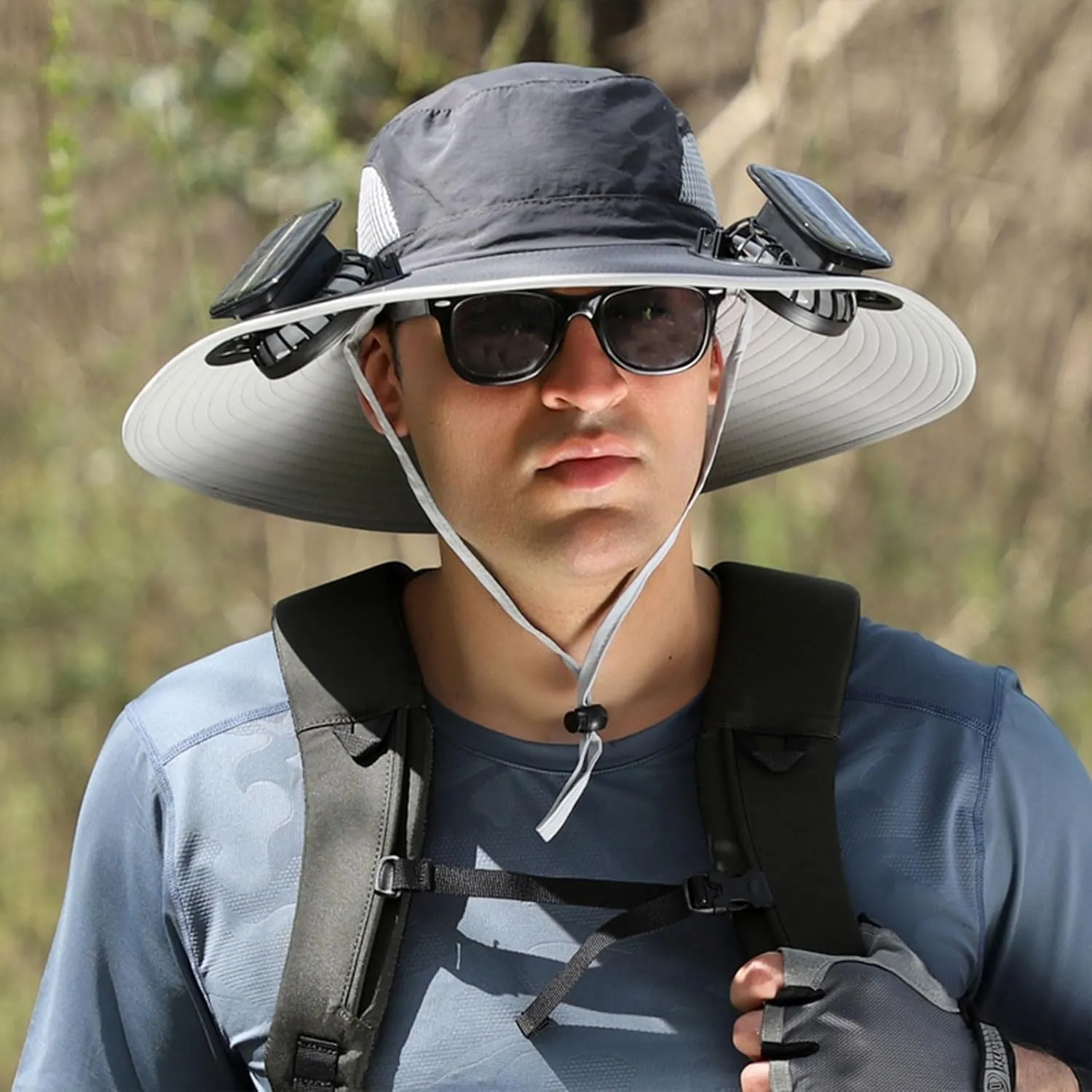 Outdoor Wide Brim Sun Hat with 2 Solar Universal Fan Sun Bucket Hat UPF 50  Bucket Fishing Beach Hat Fan Built in