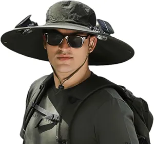 Outdoor Wide Brim Sun Hat with 2 Solar Universal Fan Sun Bucket Hat UPF 50  Bucket Fishing Beach Hat Fan Built in