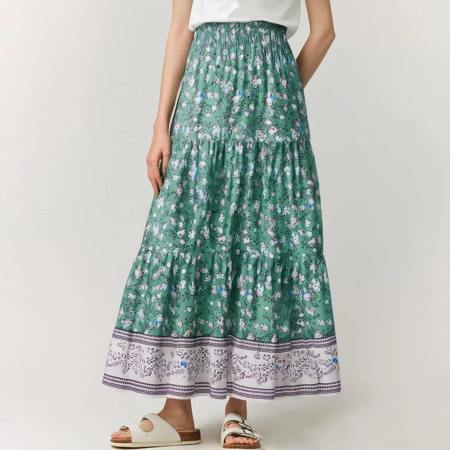Plus Size Maxi Skirts for Women Summer Drawstring Elastic High Waisted Aline Skirt Boho Tiered Smocked Long Skirt