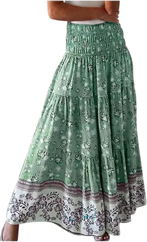Plus Size Maxi Skirts for Women Summer Drawstring Elastic High Waisted Aline Skirt Boho Tiered Smocked Long Skirt