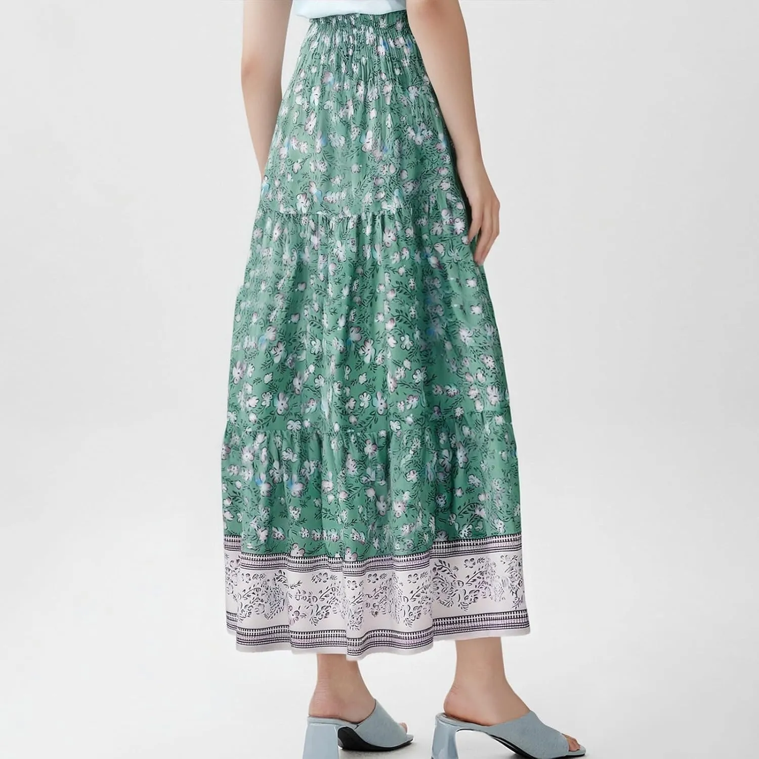 Plus Size Maxi Skirts for Women Summer Drawstring Elastic High Waisted Aline Skirt Boho Tiered Smocked Long Skirt