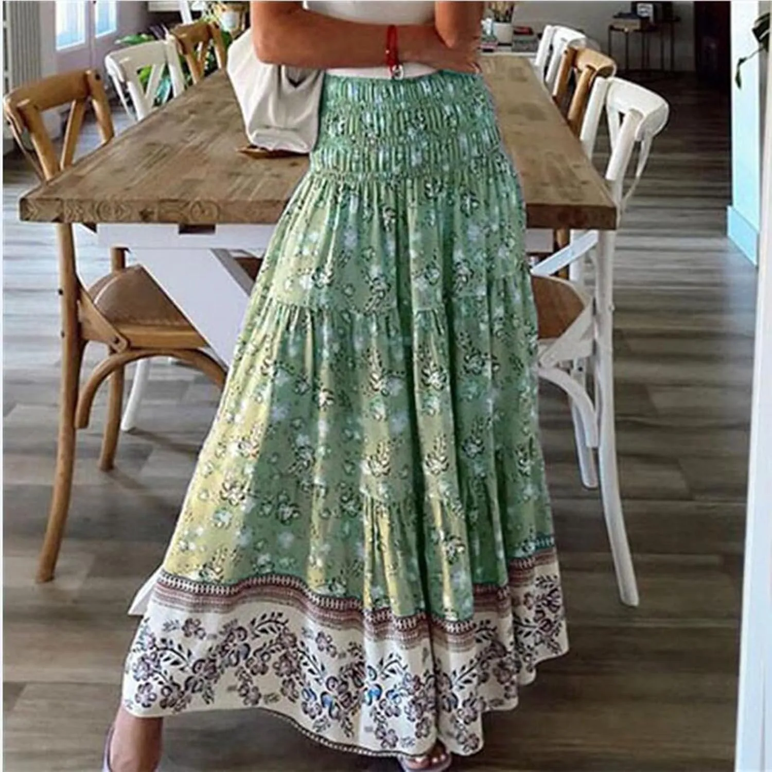 Plus Size Maxi Skirts for Women Summer Drawstring Elastic High Waisted Aline Skirt Boho Tiered Smocked Long Skirt