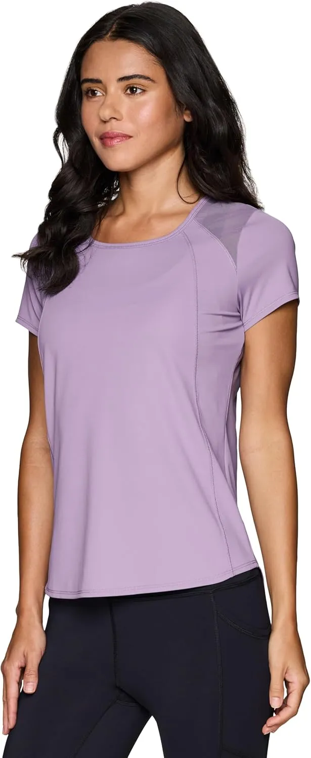RBX Active Workout T-Shirt for Women, Breathable Mesh Panel Gym Running Tee Stretchy Super Soft Gym Top with Mesh