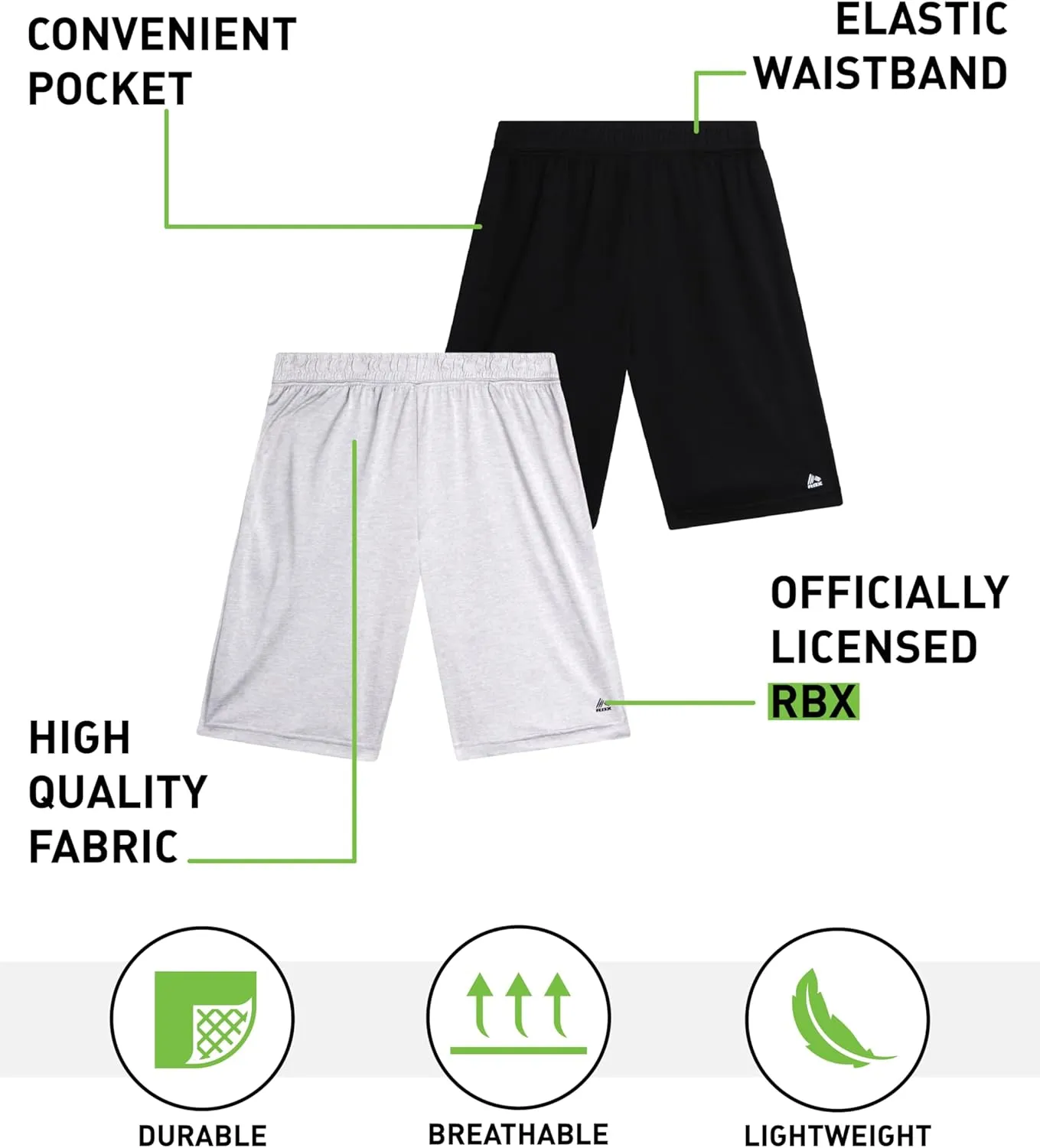RBX Boys' Athletic Shorts - 2 Pack Breathable Poly Fleece Performance Shorts with Pockets - Active Shorts for Boys