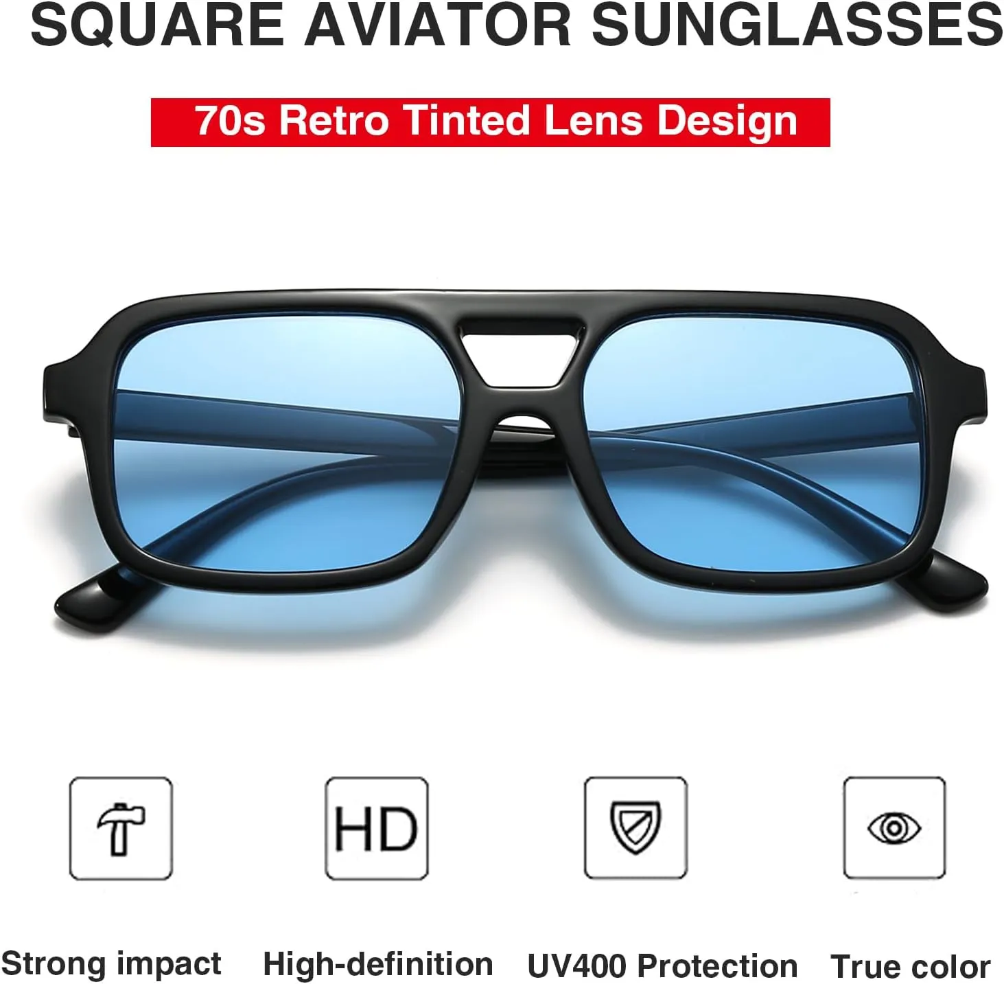 Retro Square Aviator Sunglasses for Women Men 70s Tinted Square Aviator Sun Glasses Trendy Classic Shades