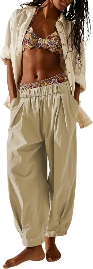 SCUSTY Womens Baggy Wide Leg Pants Cotton Linen Casual Elastic Waisted Palazzo Harem Beach Trousers with Pockets