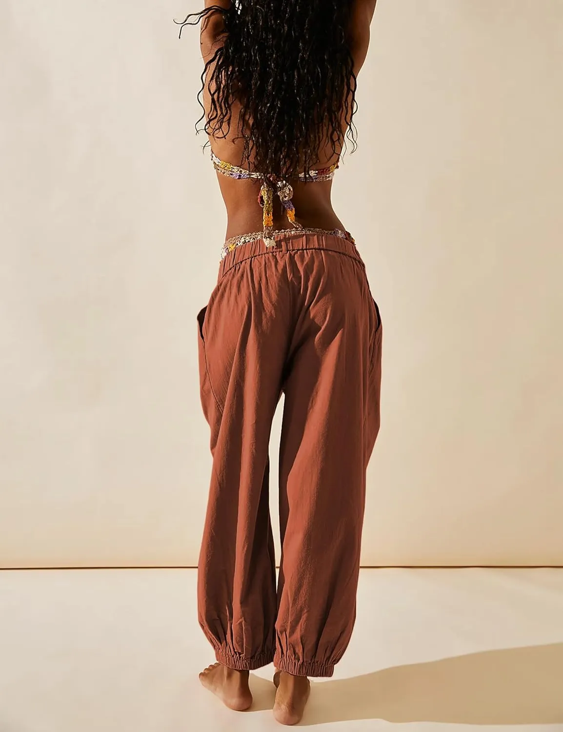 SCUSTY Womens Baggy Wide Leg Pants Cotton Linen Casual Elastic Waisted Palazzo Harem Beach Trousers with Pockets