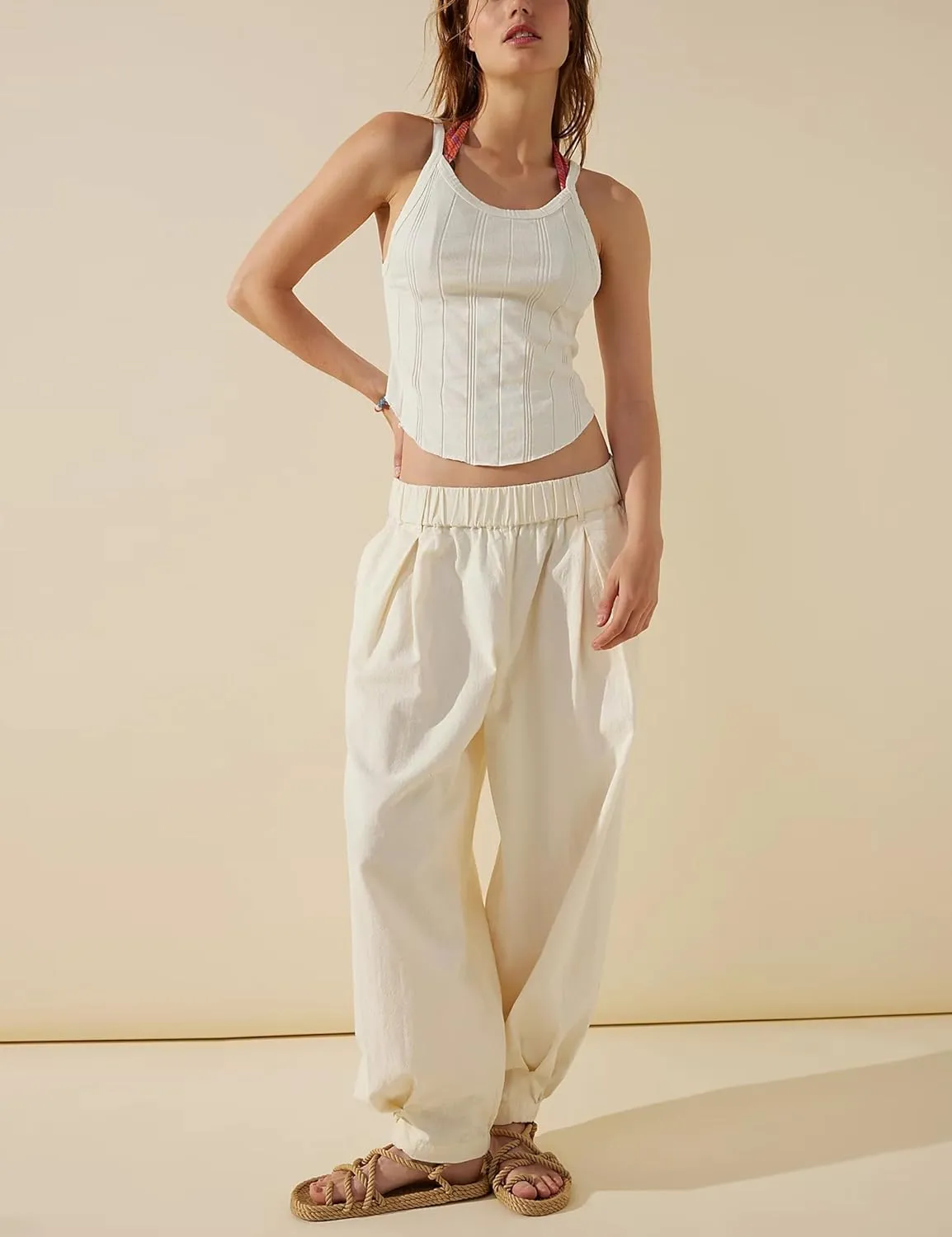 SCUSTY Womens Baggy Wide Leg Pants Cotton Linen Casual Elastic Waisted Palazzo Harem Beach Trousers with Pockets