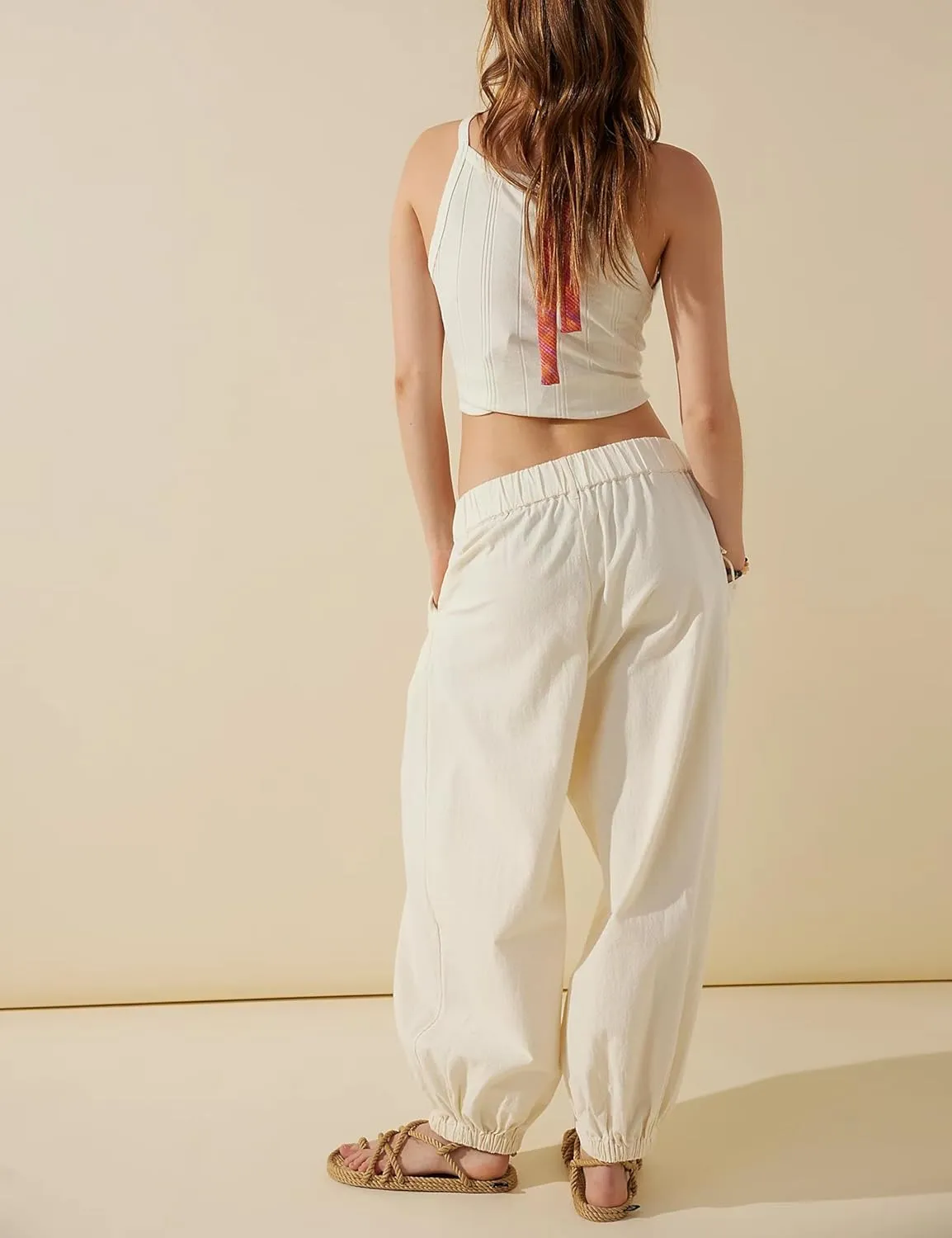 SCUSTY Womens Baggy Wide Leg Pants Cotton Linen Casual Elastic Waisted Palazzo Harem Beach Trousers with Pockets