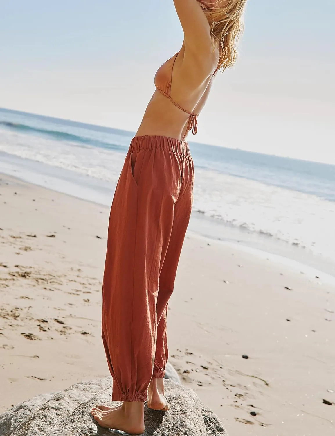 SCUSTY Womens Baggy Wide Leg Pants Cotton Linen Casual Elastic Waisted Palazzo Harem Beach Trousers with Pockets