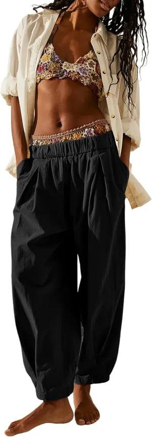 SCUSTY Womens Baggy Wide Leg Pants Cotton Linen Casual Elastic Waisted Palazzo Harem Beach Trousers with Pockets