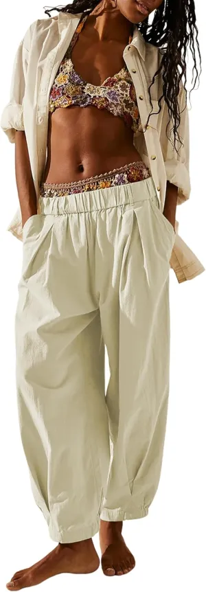 SCUSTY Womens Baggy Wide Leg Pants Cotton Linen Casual Elastic Waisted Palazzo Harem Beach Trousers with Pockets