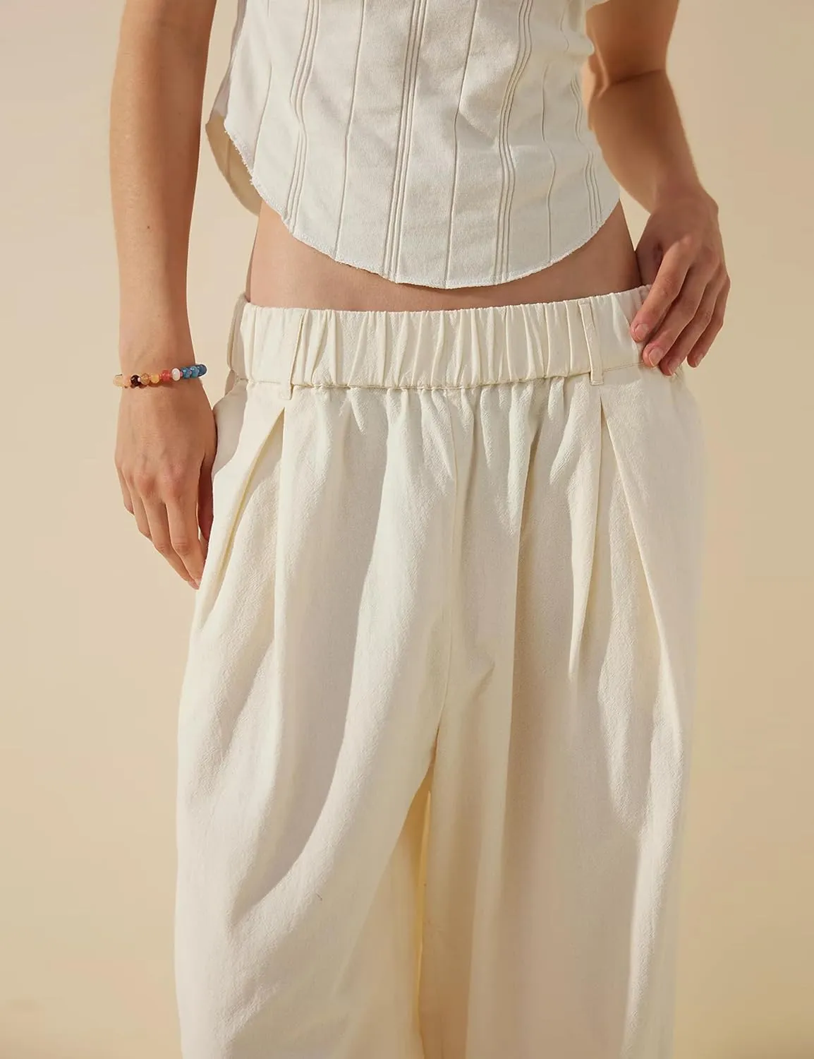 SCUSTY Womens Baggy Wide Leg Pants Cotton Linen Casual Elastic Waisted Palazzo Harem Beach Trousers with Pockets