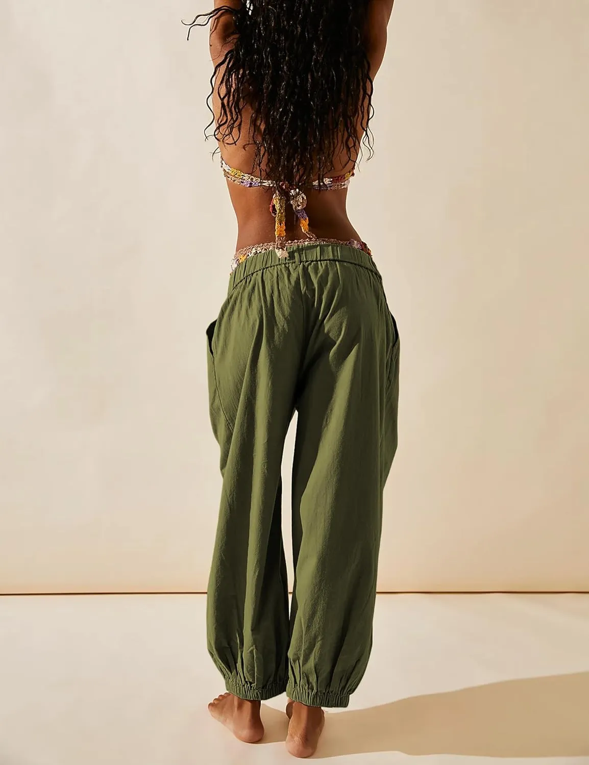 SCUSTY Womens Baggy Wide Leg Pants Cotton Linen Casual Elastic Waisted Palazzo Harem Beach Trousers with Pockets
