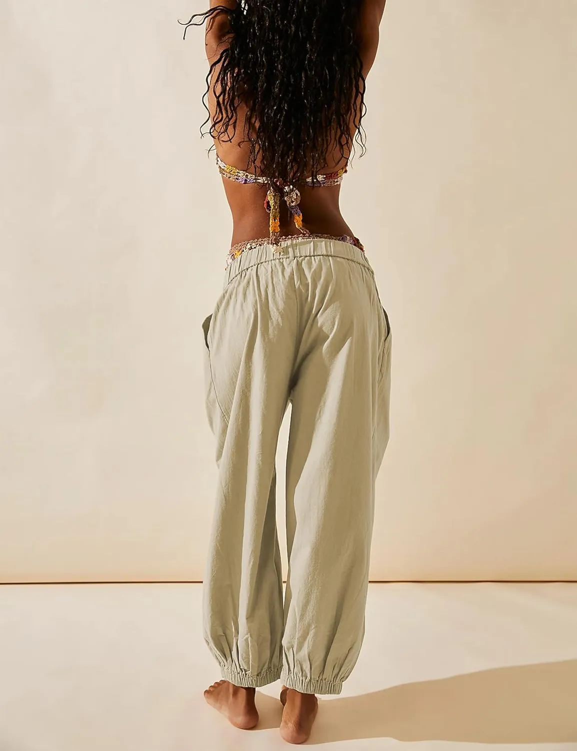 SCUSTY Womens Baggy Wide Leg Pants Cotton Linen Casual Elastic Waisted Palazzo Harem Beach Trousers with Pockets
