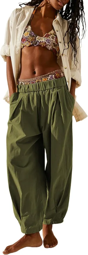 SCUSTY Womens Baggy Wide Leg Pants Cotton Linen Casual Elastic Waisted Palazzo Harem Beach Trousers with Pockets