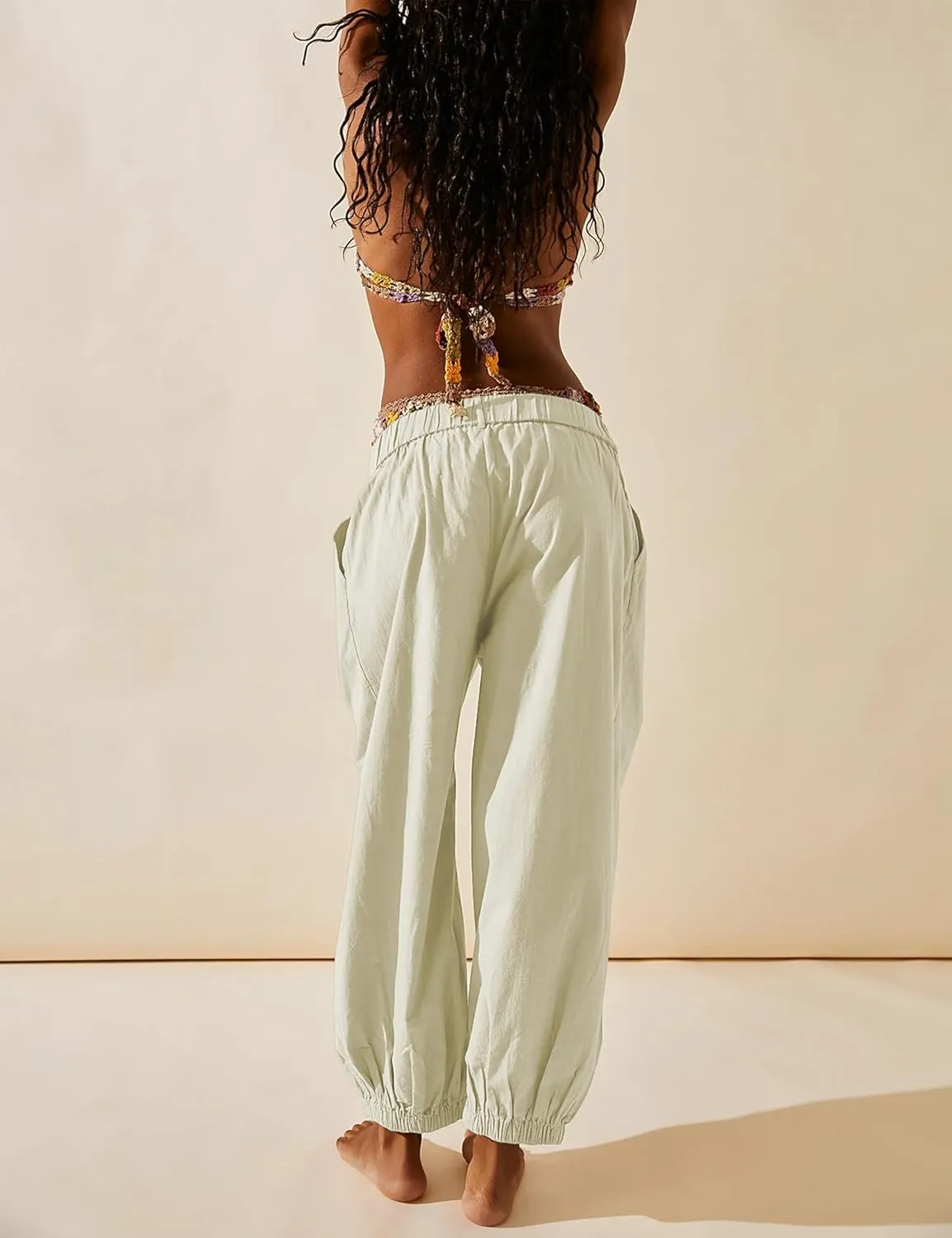 SCUSTY Womens Baggy Wide Leg Pants Cotton Linen Casual Elastic Waisted Palazzo Harem Beach Trousers with Pockets