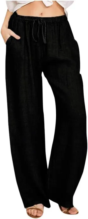 SHOPESSA Linen Wide Leg Pants Women Summer Palazzo Pants High Waisted Drawstring Lightweight Breathable Travel Casual Trouser
