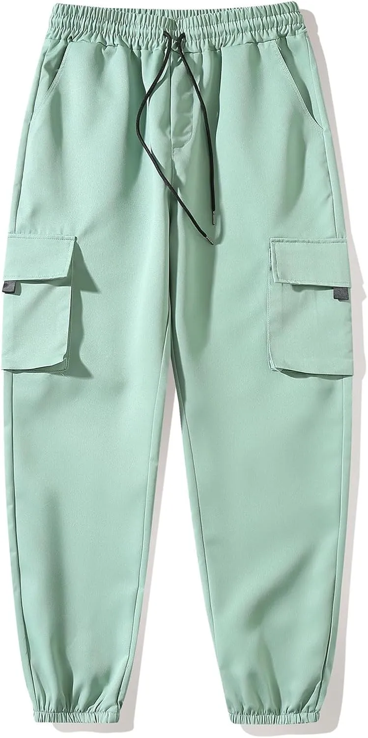 Sinzelimin Men Cargo Pants Fashion Drawstring Elastic Waist Jogger Sweatpant Baggy Casual Comfy Wide Leg Bound Feet Trouser