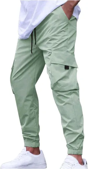 Sinzelimin Men Cargo Pants Fashion Drawstring Elastic Waist Jogger Sweatpant Baggy Casual Comfy Wide Leg Bound Feet Trouser