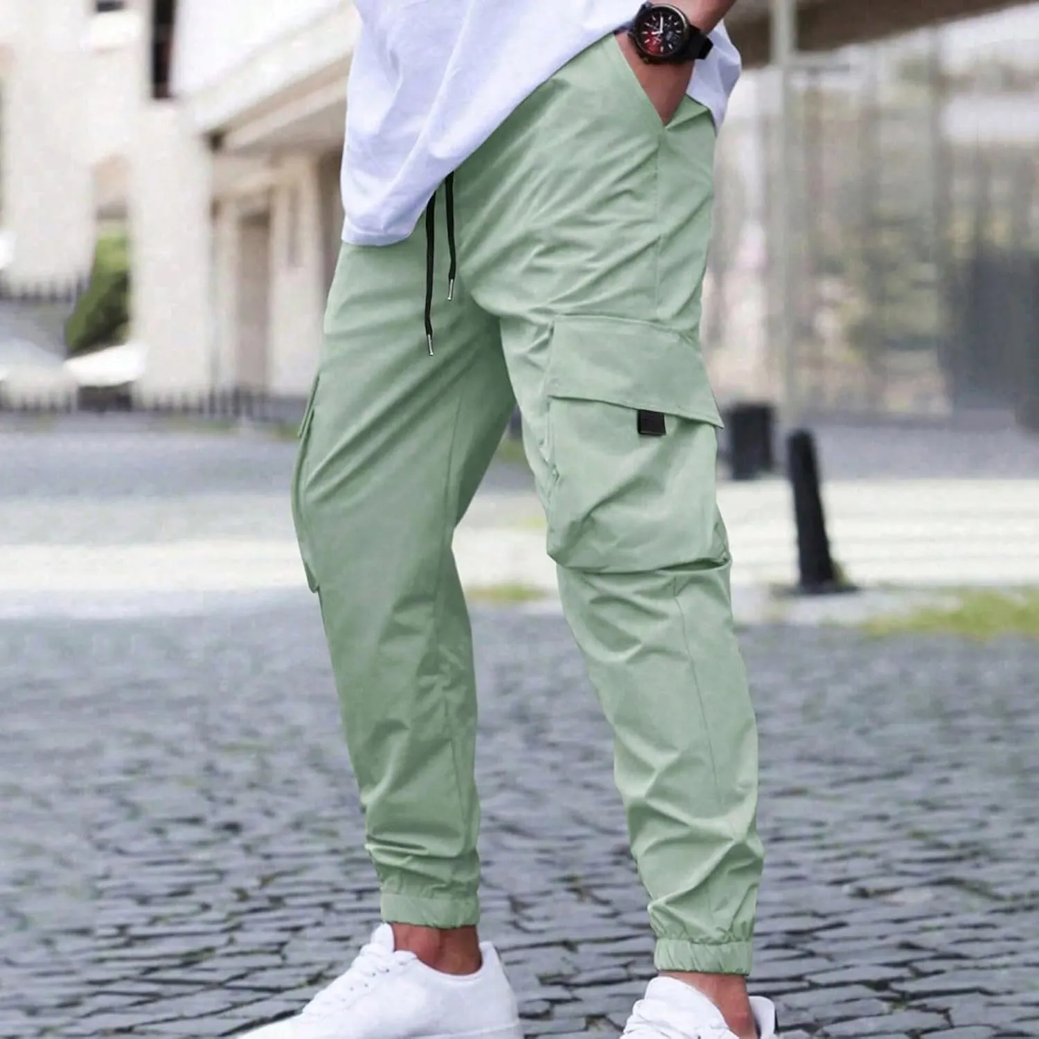Sinzelimin Men Cargo Pants Fashion Drawstring Elastic Waist Jogger Sweatpant Baggy Casual Comfy Wide Leg Bound Feet Trouser