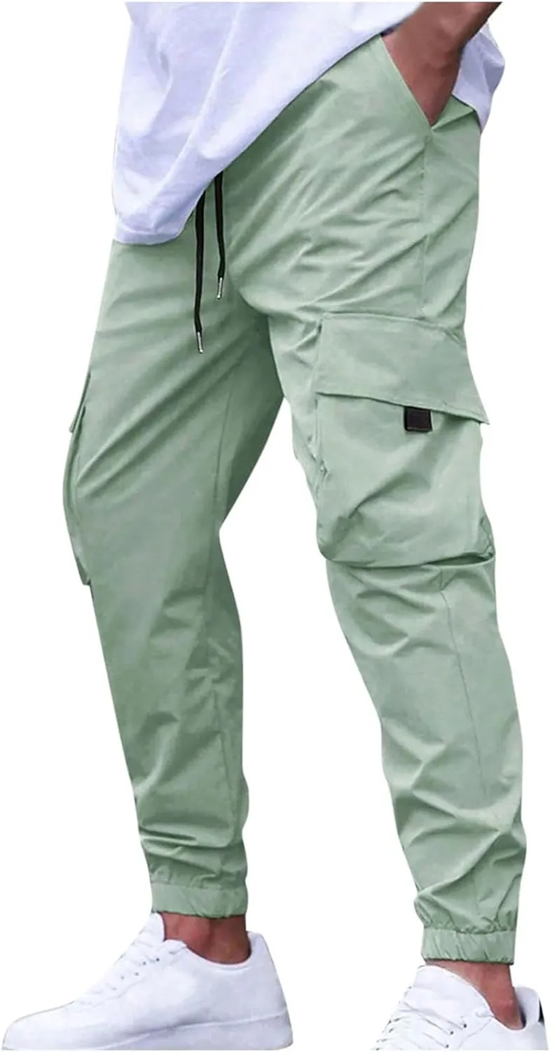 Sinzelimin Men Cargo Pants Fashion Drawstring Elastic Waist Jogger Sweatpant Baggy Casual Comfy Wide Leg Bound Feet Trouser