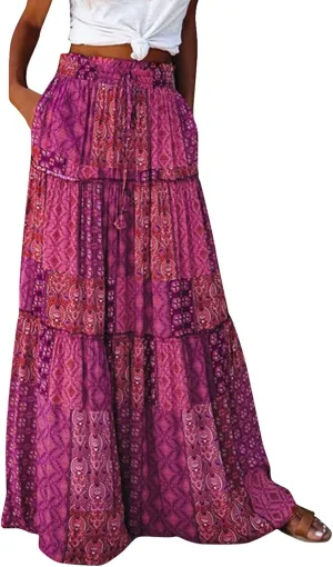 Skirt for Women Bohemian Casual Smocked Tube Dress High WAIS A-Line Maxi Skirt 2025 Summer Flowy Floral Print Skirts