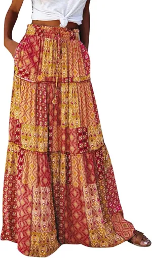 Skirt for Women Bohemian Casual Smocked Tube Dress High WAIS A-Line Maxi Skirt 2025 Summer Flowy Floral Print Skirts
