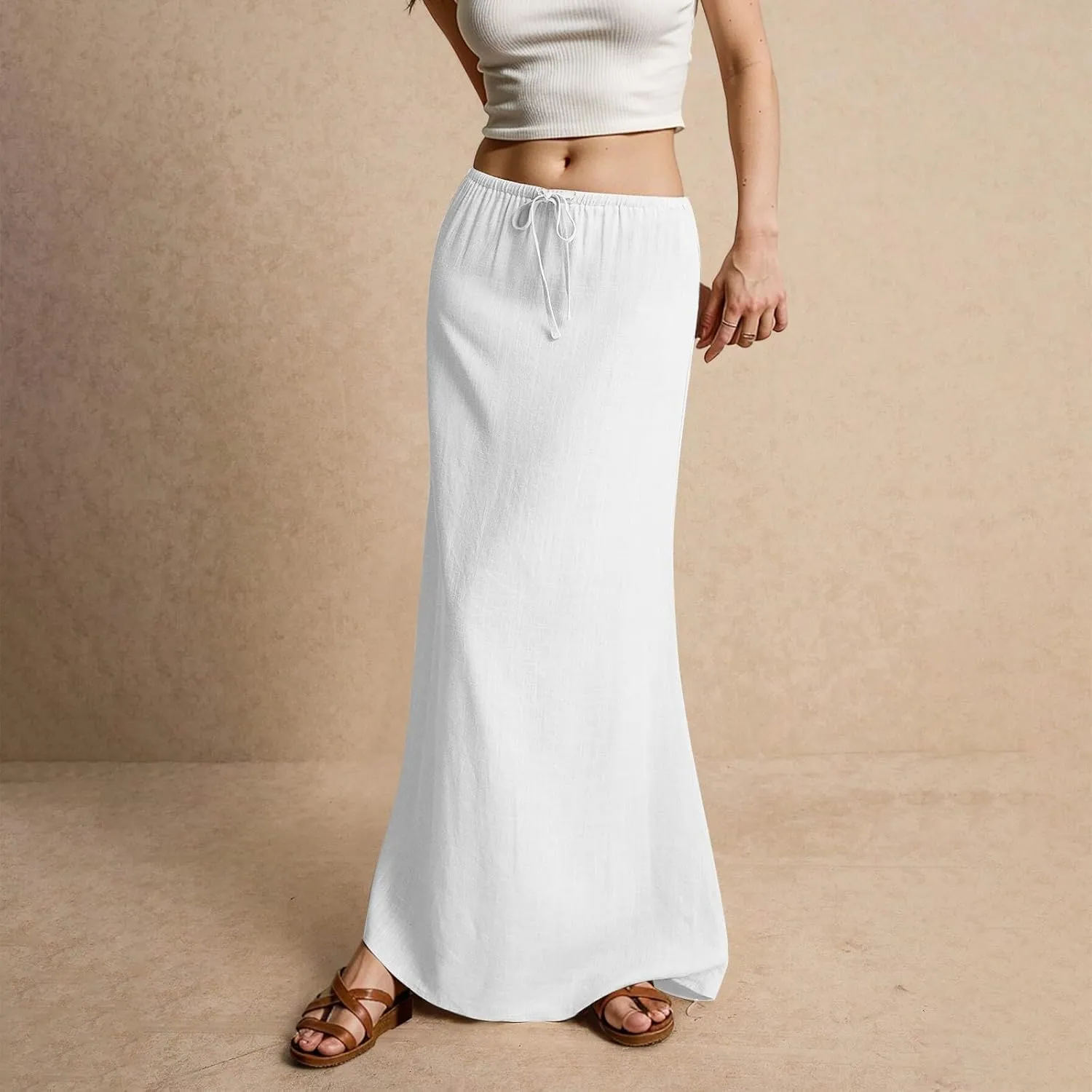 Skirt for Women Long Flowy Skirts Comfy Drawstring Low Rise Womens Linen Maxi Skirt with Slit Summer Plus Size