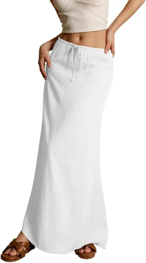 Skirt for Women Long Flowy Skirts Comfy Drawstring Low Rise Womens Linen Maxi Skirt with Slit Summer Plus Size