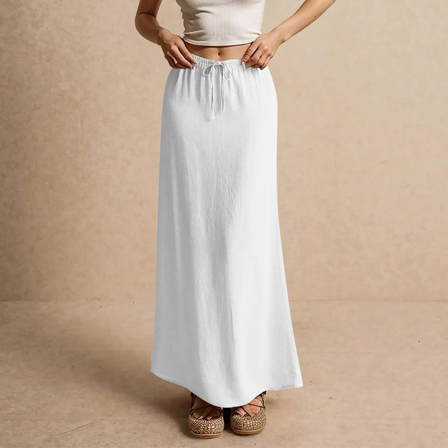 Skirt for Women Long Flowy Skirts Comfy Drawstring Low Rise Womens Linen Maxi Skirt with Slit Summer Plus Size